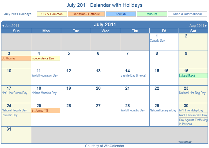 July 2011 Printable Calendar with US, Christian, Jewish, Muslim & Holidays