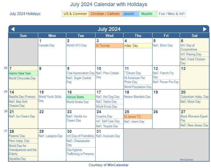 July 2024 Printable Calendar with US Holidays including: Christian, Jewish and Muslim Holidays