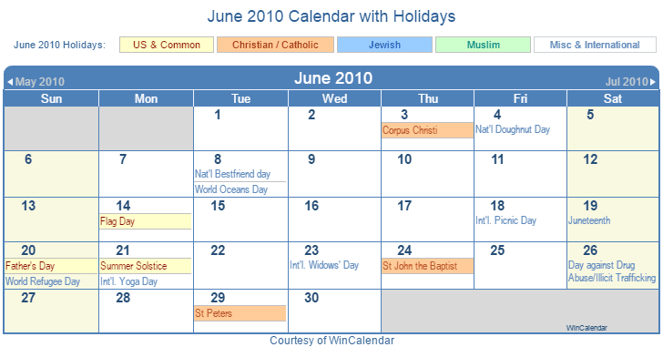 June 2010 Printable Calendar with US, Christian, Jewish, Muslim & Holidays