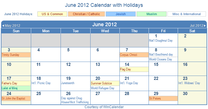 June 2012 Printable Calendar with US, Christian, Jewish, Muslim & Holidays