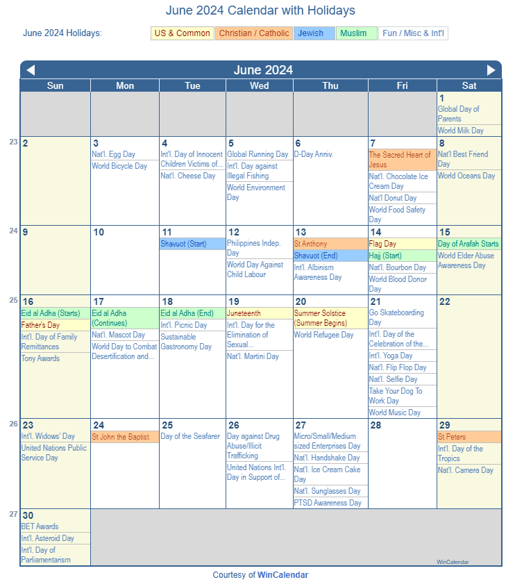 June 2024 Printable Calendar with US Holidays including: Christian, Jewish and Muslim Holidays