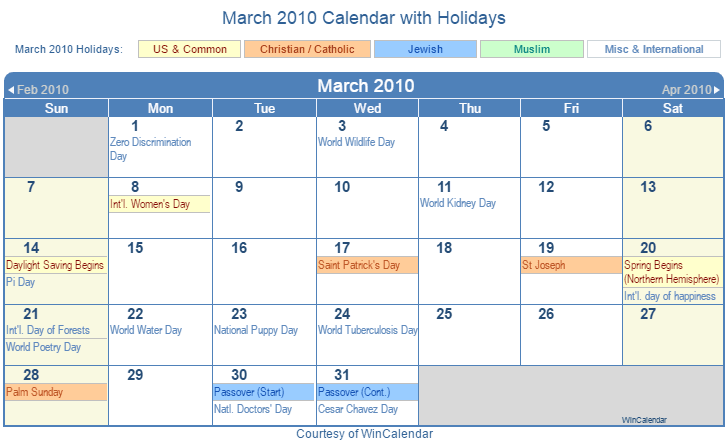 Print Friendly March 2010 US Calendar for printing
