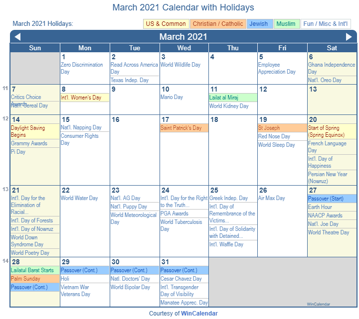 Print Friendly March 2021 US Calendar for printing