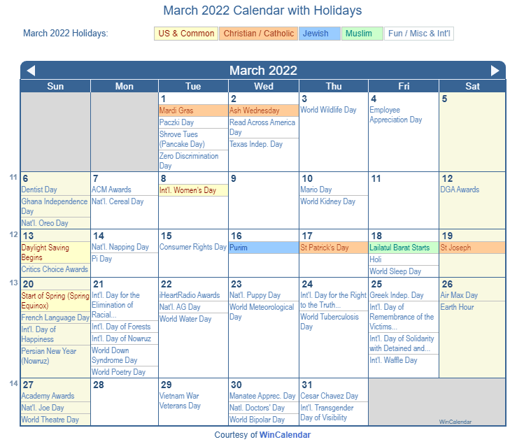 Print Friendly March 2022 US Calendar For Printing