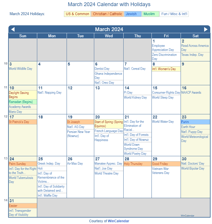 March 2024 Printable Calendar with US Holidays including: Christian, Jewish and Muslim Holidays