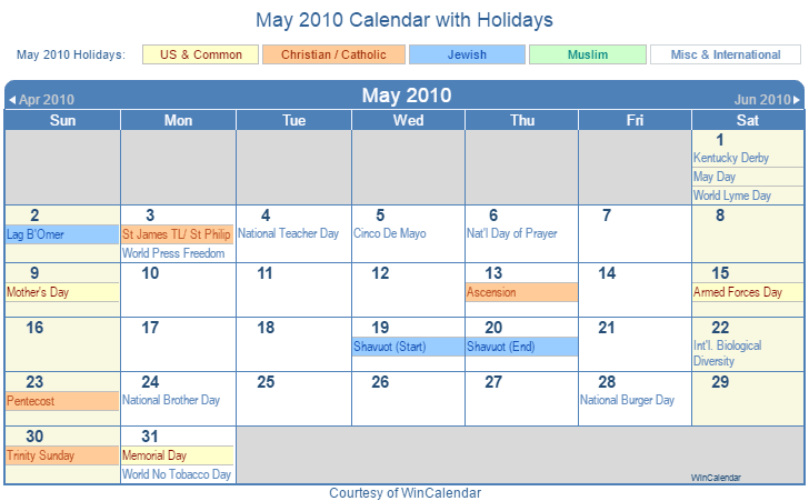 May 2010 Printable Calendar with US, Christian, Jewish, Muslim & Holidays