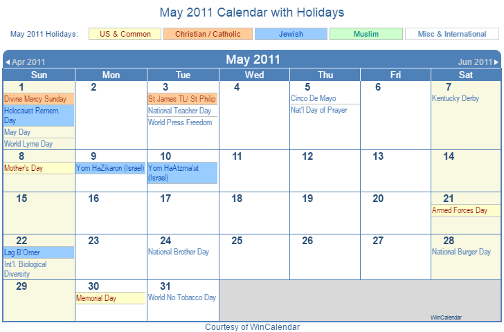 May 2011 Printable Calendar with US, Christian, Jewish, Muslim & Holidays