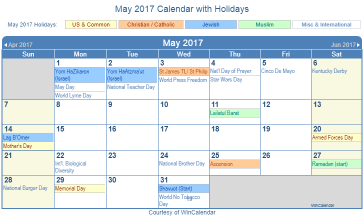 May 2017 Printable Calendar with US Holidays including: Christian, Jewish and Muslim Holidays