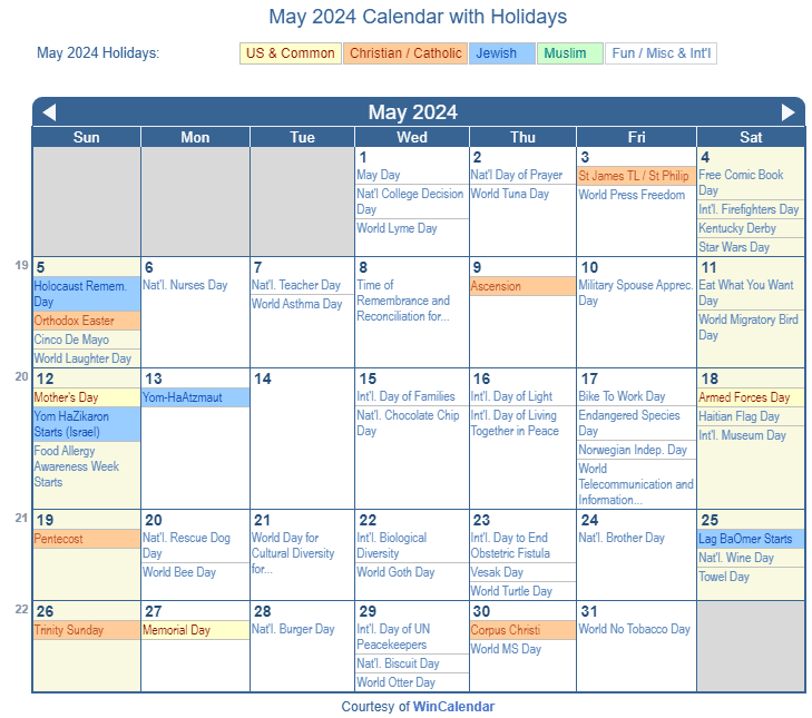 May 2024 Printable Calendar with US Holidays including: Christian, Jewish and Muslim Holidays