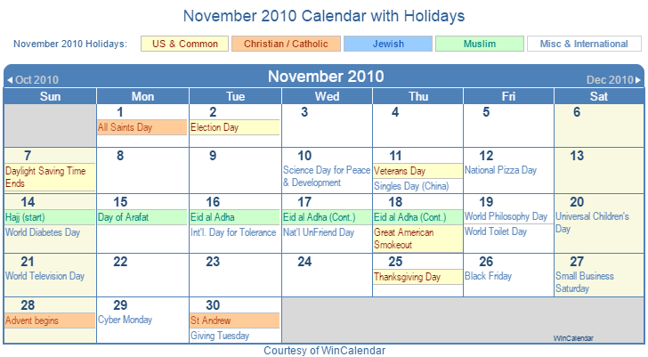 November 2010 Printable Calendar with US, Christian, Jewish, Muslim & Holidays