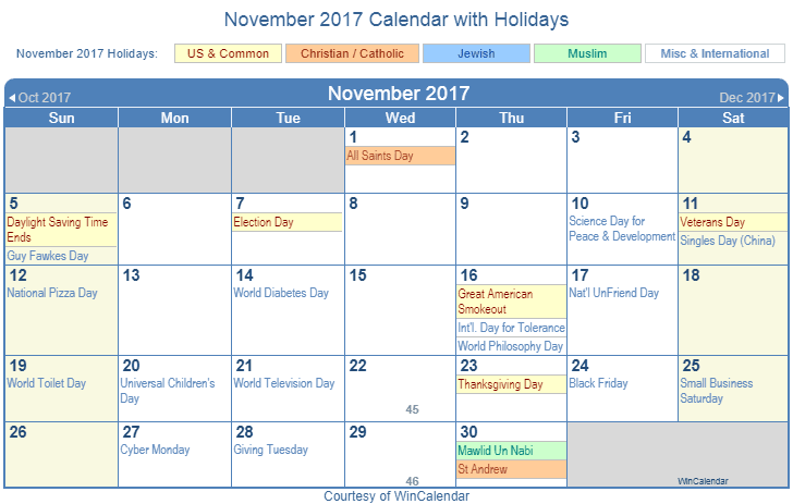November 2017 Printable Calendar with US Holidays including: Christian, Jewish and Muslim Holidays