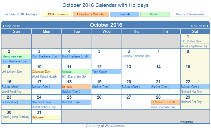 Print Friendly October 2016 US Calendar for printing