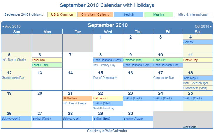 September 2010 Printable Calendar with US, Christian, Jewish, Muslim & Holidays