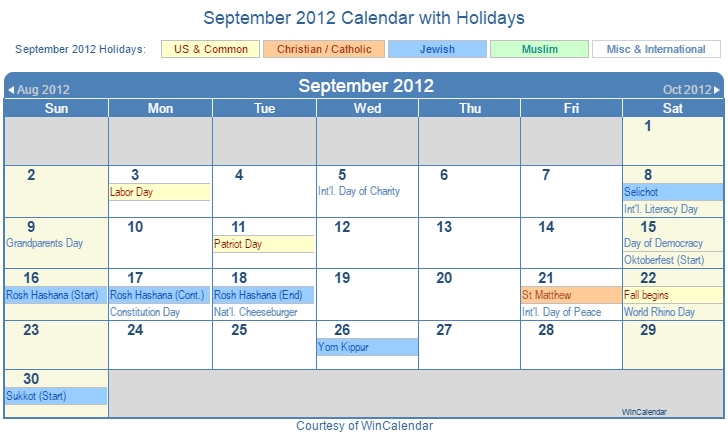 September 2012 Printable Calendar with US, Christian, Jewish, Muslim & Holidays