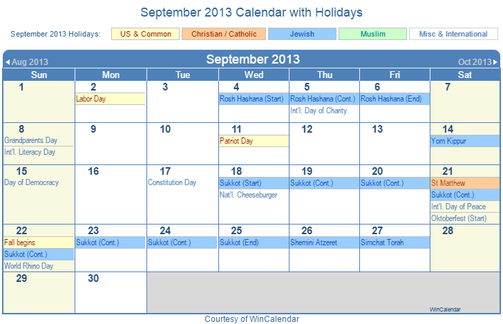 September 2013 Printable Calendar with US, Christian, Jewish, Muslim & Holidays