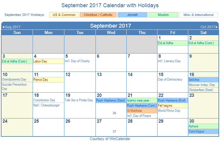 September 2017 Printable Calendar with US Holidays including: Christian, Jewish and Muslim Holidays