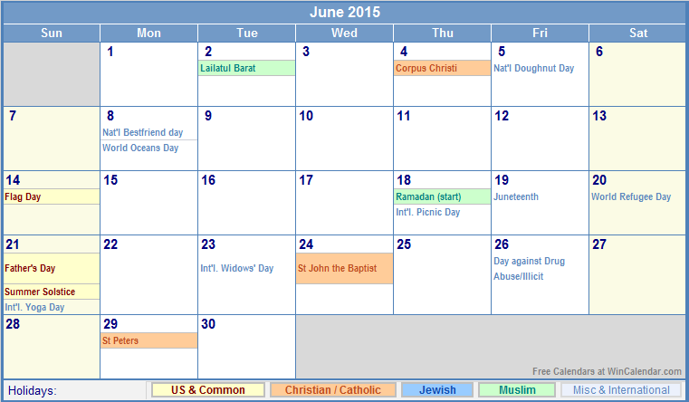 June 2015 Calendar With Holidays For Printing Picture Format