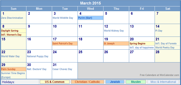March 2015 Calendar With Holidays For Printing Picture