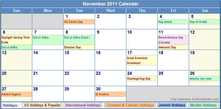 November 2011 Calendar with Holidays - as Picture