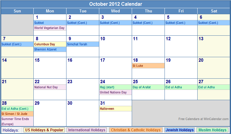 October 2012 Calendar with Holidays - as Picture