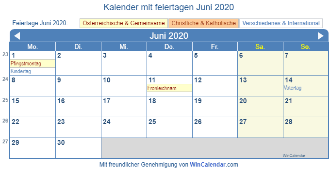Österreich Kalender zum Drucken - Juni 2020