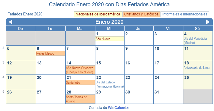 Calendario Enero 2020 Argentina para Imprimir Gratis