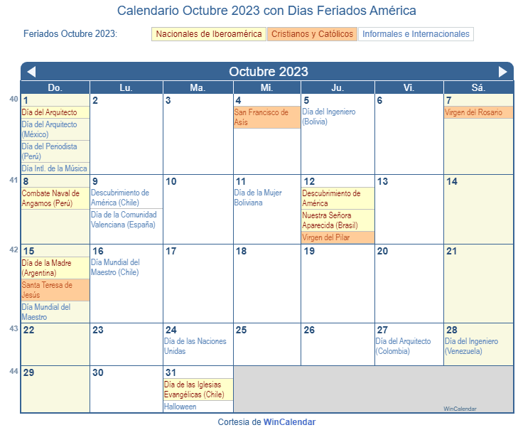 Calendario Octubre 2023 para imprimir - América