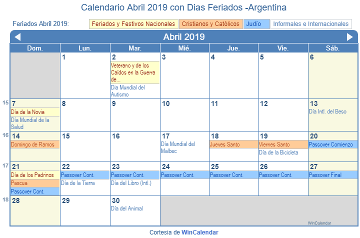 Calendario abril 2019 Argentina: Imprime sin sábados ni domingos