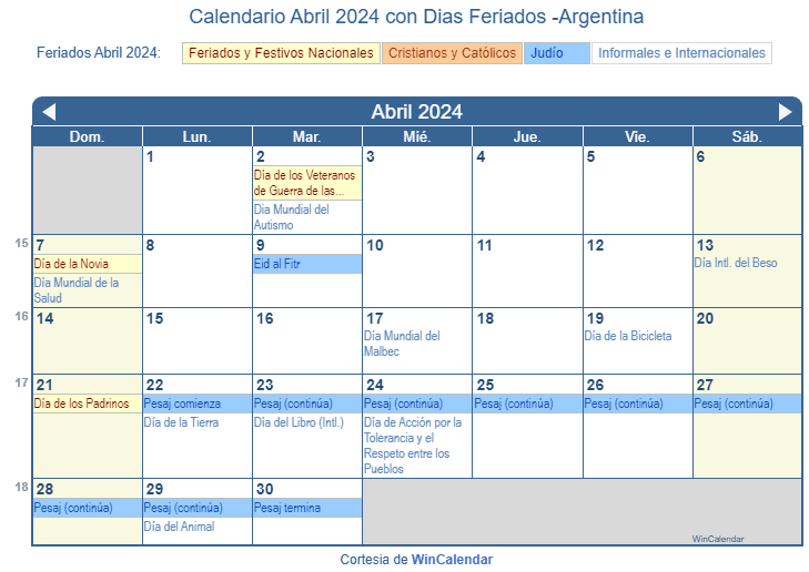 Calendario Abril 2024 para imprimir Argentina