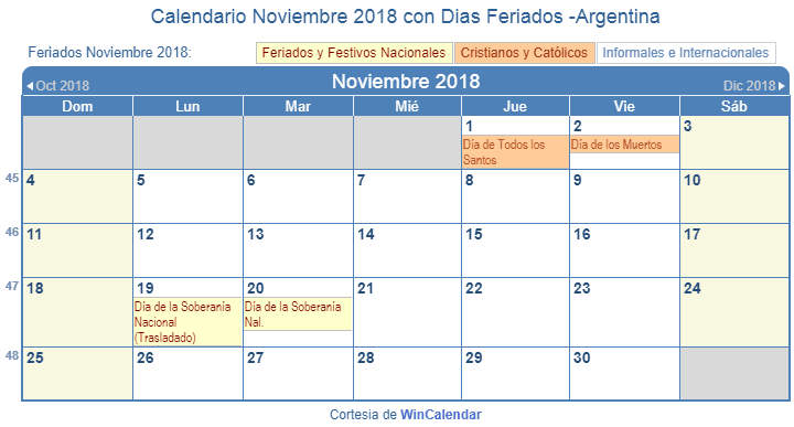 Calendario 2018 Argentina para imprimir Nov-Dic