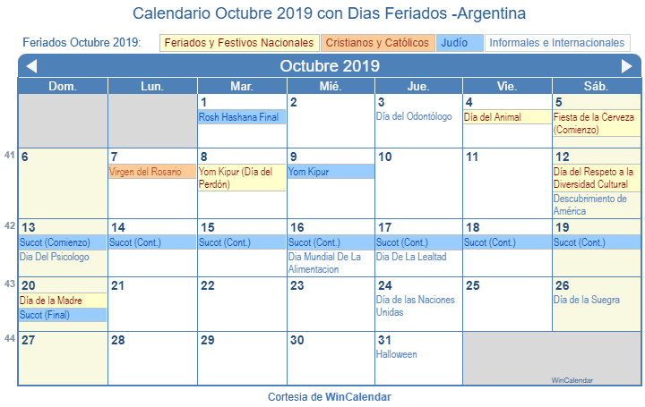 Calendario 2019 Argentina Octubre: Imprime tu planificador mensual
