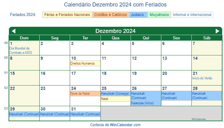 Calendário de Dezembro de 2024 para impressão - Brasil