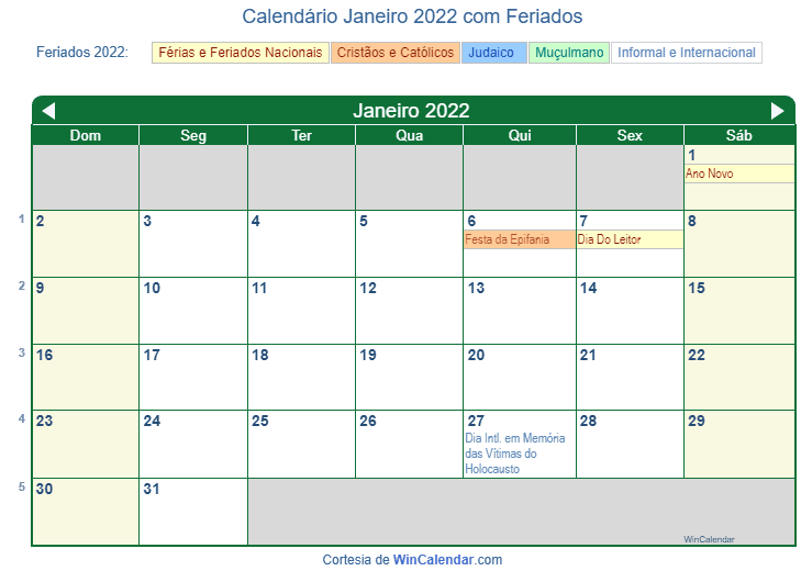 Calendário de Janeiro de 2022 para impressão - Brasil