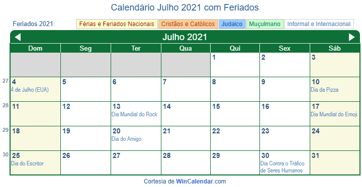 Calendário De Julho De 2021 Para Impressão Brasil