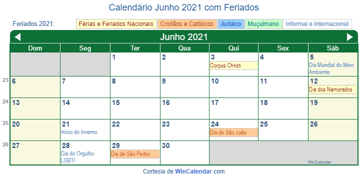 Calendário de Junho de 2021 para impressão - Brasil