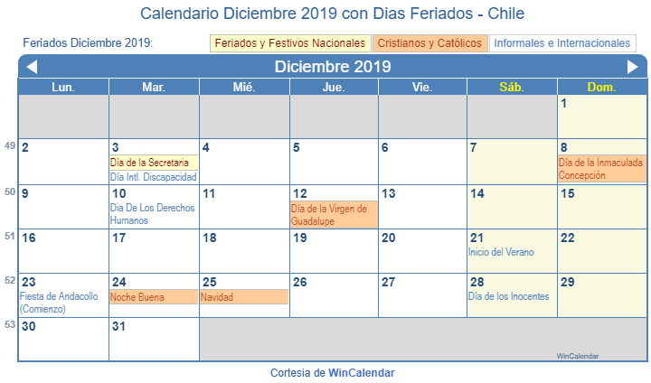 Calendario Diciembre 2019: Imprime en PNG
