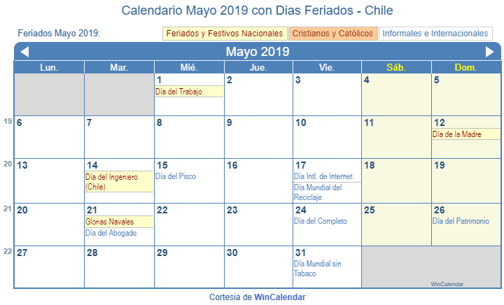 Calendario Mayo 2019 para imprimir en Chile