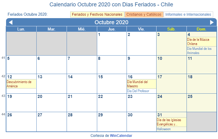 Calendario Octubre 2020 Para Imprimir Chile