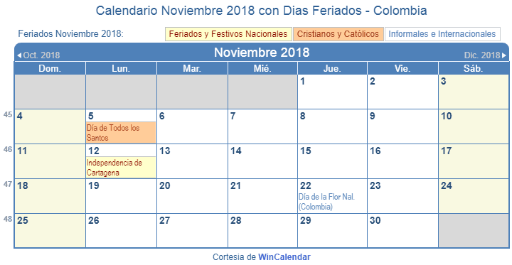 Calendario Noviembre 2018 Para Imprimir Colombia