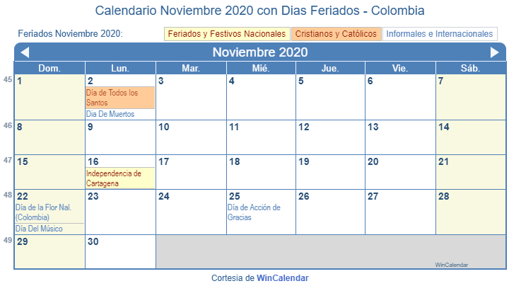 Calendario Noviembre 2020 Para Imprimir Colombia