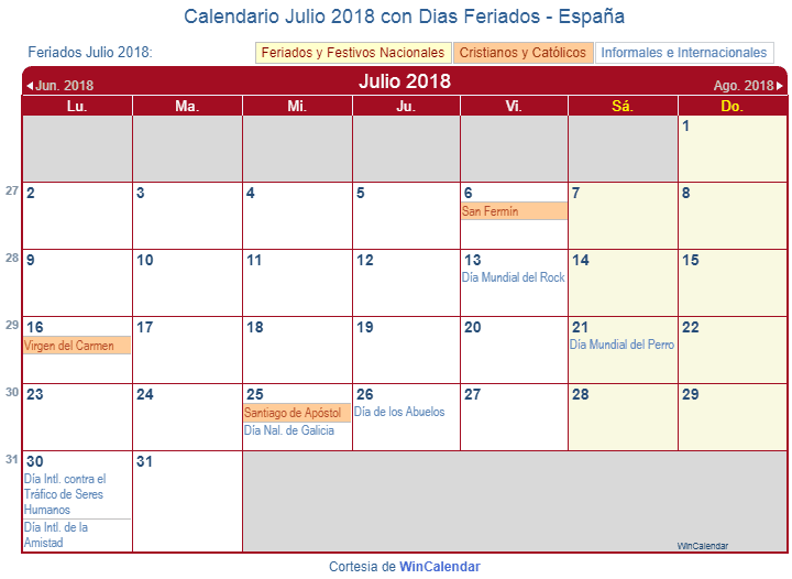 Calendario 2018 julio para imprimir con feriados