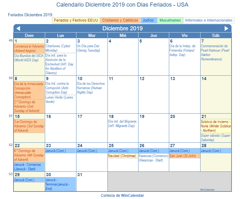 Calendario Diciembre 2019: Imprime en PNG