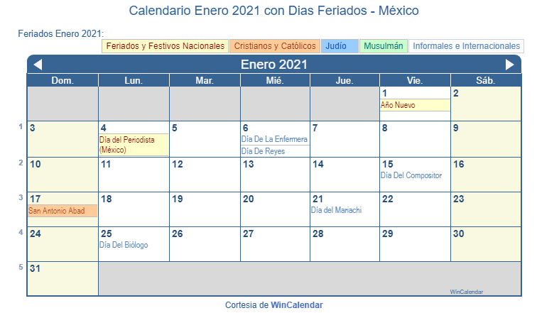 Calendario Enero 2021 Para Imprimir México