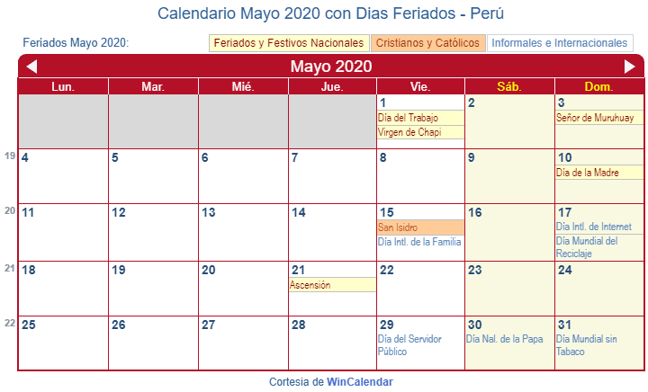 Calendario Mayo 2020 Para Imprimir Perú