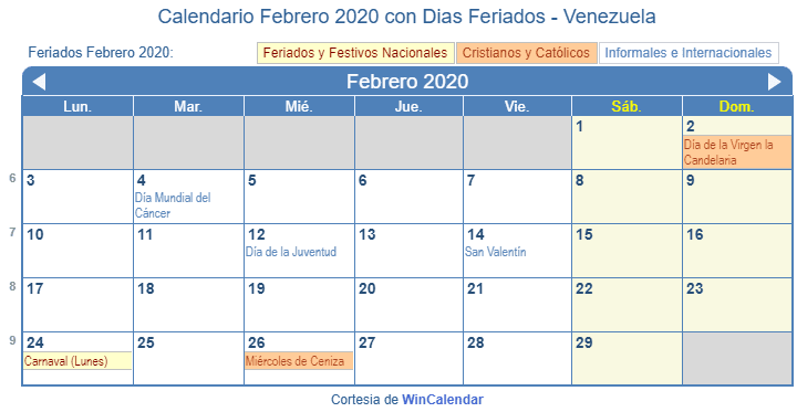 Calendario Febrero 2020 Para Imprimir Venezuela