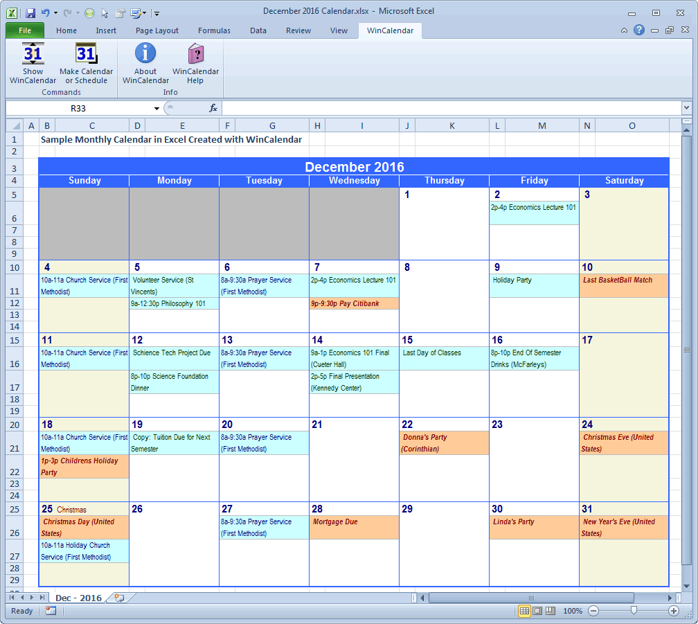 Calendar Format For Excel