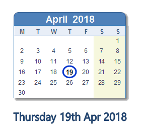 April 19, 2018 calendar