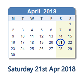 April 21, 2018 calendar