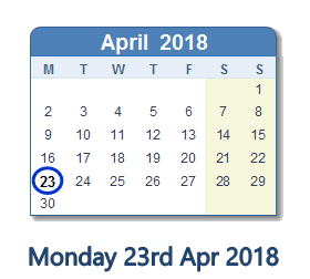 April 23, 2018 calendar