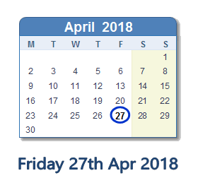 April 27, 2018 calendar